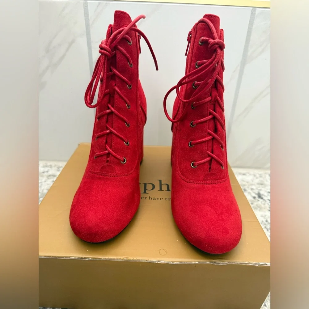 New Perphy Red Lace Up Ankle Chunky Heel Boots - Size 7